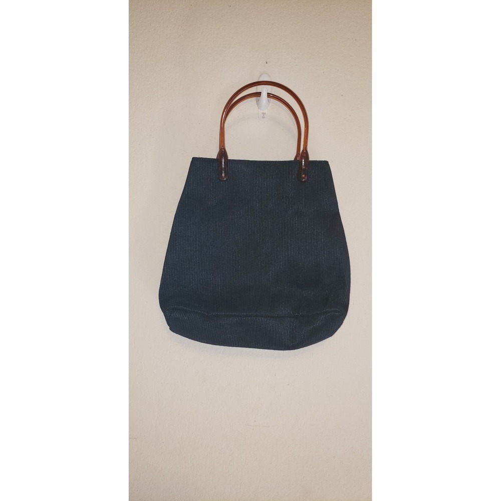 Vintage Lord & Taylor Black Ribbed Tote Bag Amber Tortoise Acrylic Handles